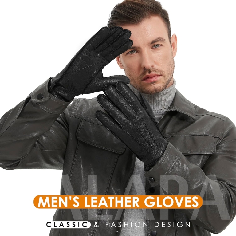 Kalapa Genuine Sheepskin Leather Gloves for Men, Winter Warm Touchscreen Driving Motorcycle Gloves with Cashmere Lined